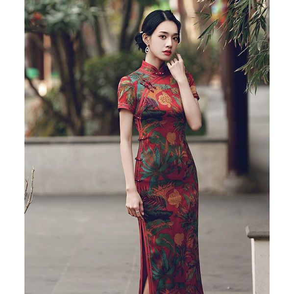 

ethnic clothing classic lady print flower mandarin collar qipao vintage button evening dress satin slim cheongsam plus size 4xl vestido, Red