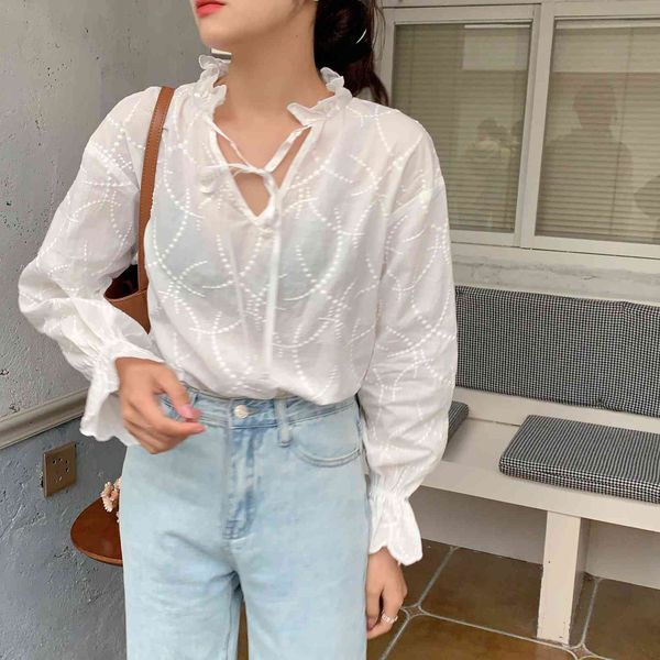 

blouses white hook flowers lace-up lantern sleeves v-neck fairy basic streetwear cute girls sweet blouses