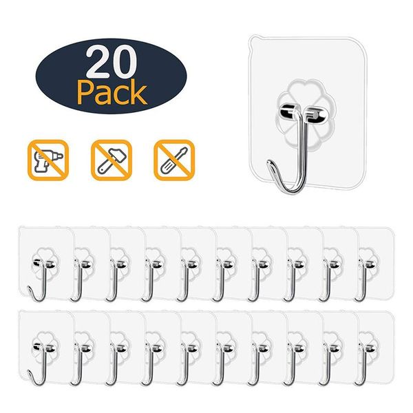 

20pcs transparent wall hooks waterproof oilproof self adhesive reusable seamless hanging hook for kitchen bathroom office & rails