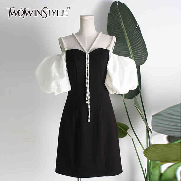 

hit color patchwork pearl elegant dress for women square collar puff sleeve high waist mini dresses female new 210428, Black;gray