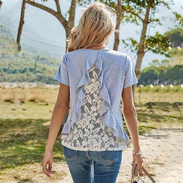 

women t-shirt casual o neck backless ruffle lace patchwork short sleeve tshirt spring summer solid pullover loose femme 210522, White