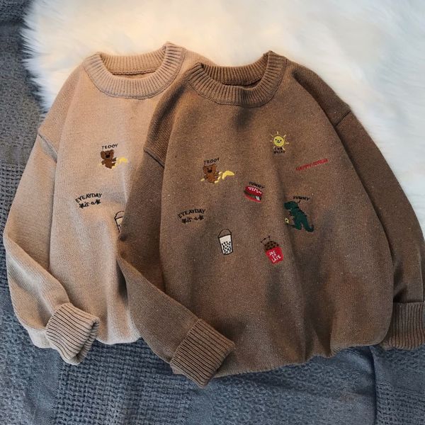 

2021 fall winter new fashion cartoons suede sweater long sleeve o-neck women casual warm pullovers korean sweater oversize women, Black