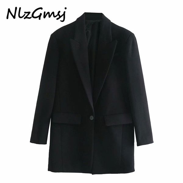 

blazer women black single button oversized long sleeve elegant office ladies suit jacket coat outerwear 210628, White;black