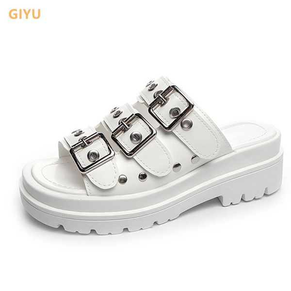 

slippers chunky platform women 2021 ladies fashion belt buckle summer shoes muffin bottom wedge sandals black white