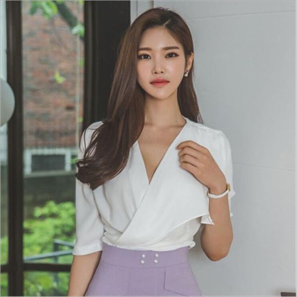 

women's blouses & shirts irregular blouse women deep v neck elegant white shirt 2021 summer back zipper half sleeve chic