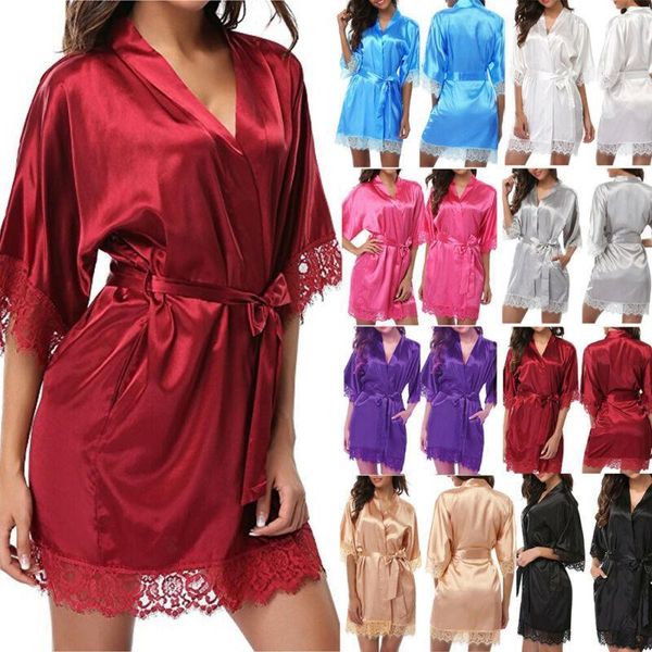

womens silk satin women dress robe bride bridesmaid wedding kimono bathrobe sleepwear lace pyjamas babydoll, Black;gray