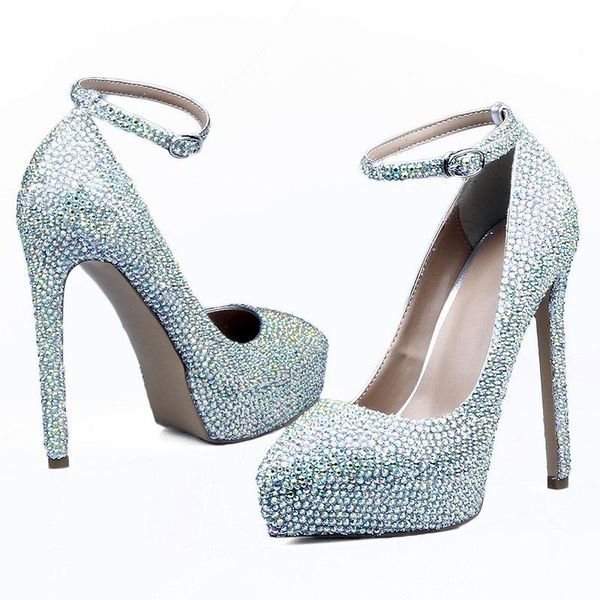 

summer wedding bride shoes women silver platform high heels sandals stiletto ankle strap elegant femme, Black