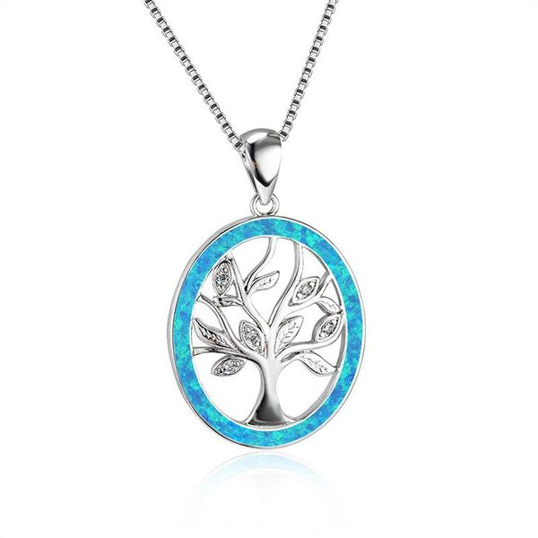 

pendant necklaces blue fire opal plant necklace cute tree of life for women wedding jewelry vintage silver color chain