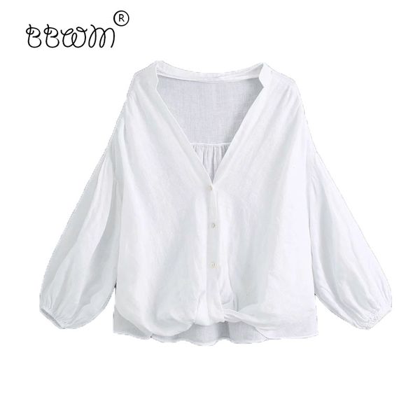 

women fashion buttons loose linen blouses vintage elegant v-neck shirts casual female chic 210520, White