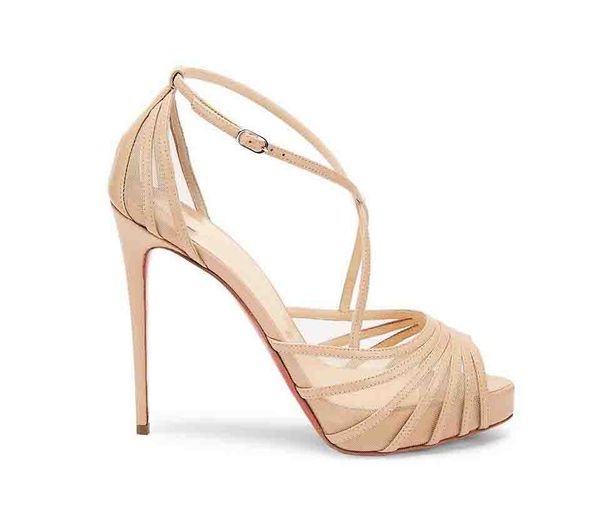 

fashion ladies wedding high heels red sole sandals nude color mesh pointed toe leather sandals platform shoes gift party dress with box, Black
