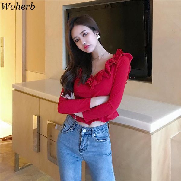 

women's blouses & shirts woherb women 2021 chic ladies bow red backless ruffles drawstring long sleeve sweet short 92118, White