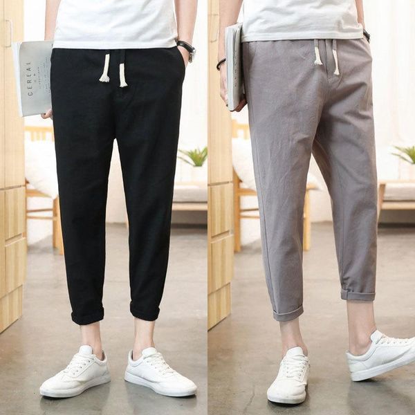 

men's pants sweatpants 2021 xia male nine part cotton thin ventilation leisure flax black ash chinese style