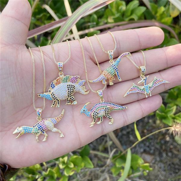 

pendant necklaces luokey europe and america fashion colorful zircon necklace for men personality hip hop crystal dinosaur women jewelry, Silver