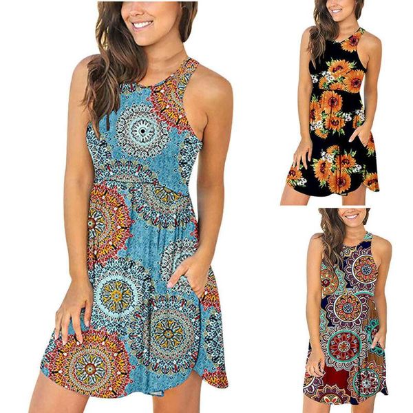 

casual dresses sleeveless dress tank 2021 summer sundress womens vintage printed fashion ladies halter female clothing pullover, Black;gray