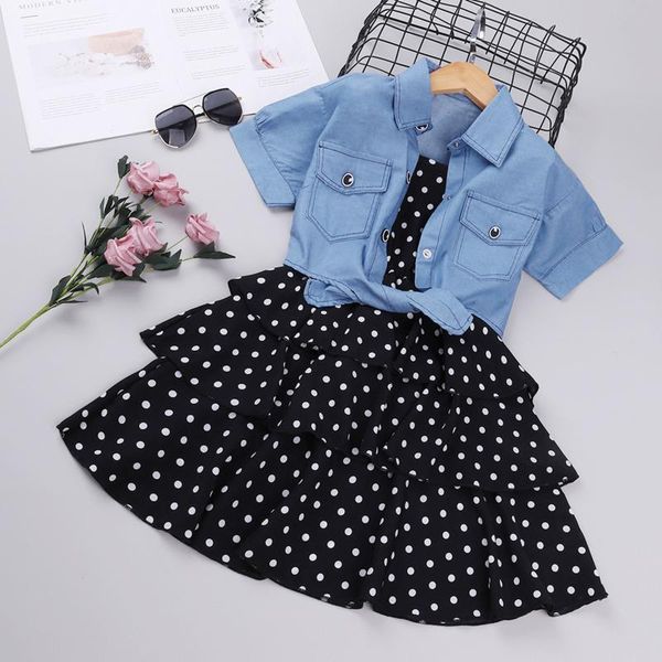 

clothing sets 3-9y kids clothes girls toddler baby denim jacket polka dot slip layered dress set outfits roupa infantil menina, White