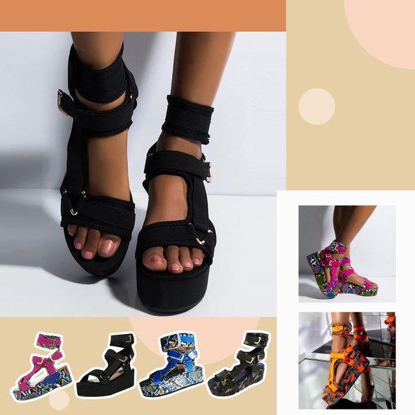 

sandals women's wedge toe buckle summer beach exposed shoes women 2021 luxury designer, Black
