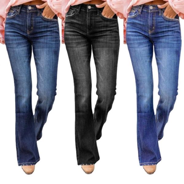 

women's jeans high waist denim for women stretch flare pants ladies casual solid color jean, Blue