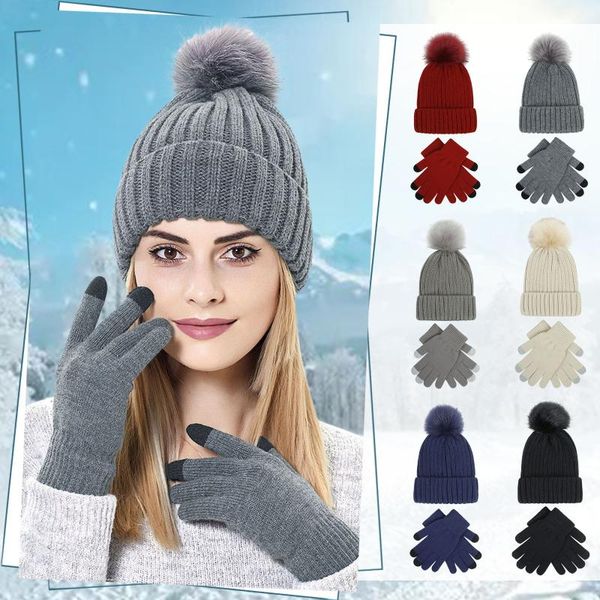 

beanies winter beanie hat gloves set for women men knitted outdoor warm touch screen sets skullies ski pompom