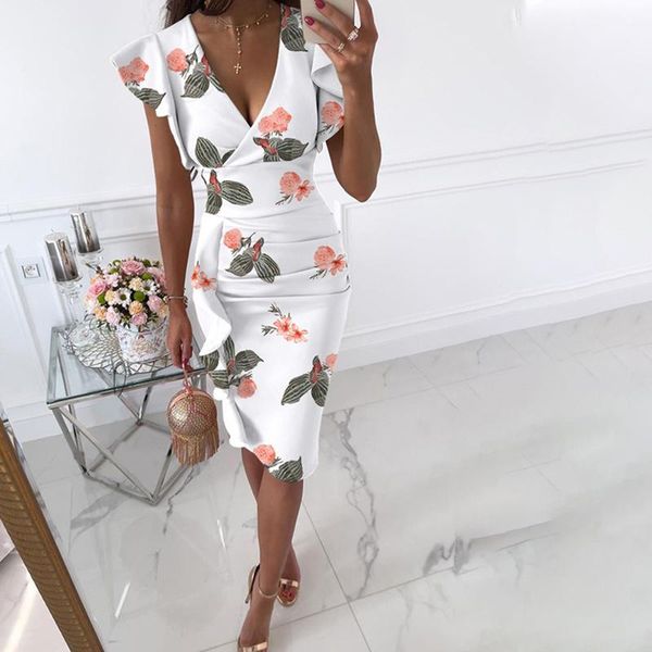 

casual dresses women floral print midi dress fashion plus size ruffles sleeve v-neck slim vintage elegant bodycon party vestidos, Black;gray