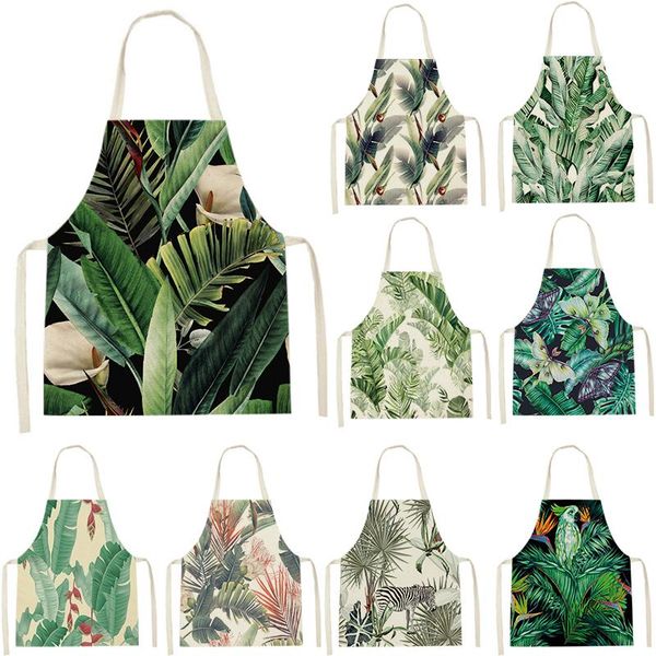 

aprons tropical plant leaves printed kitchen cooking baking barista sleeveless linen for women home pinafore cleaning tools