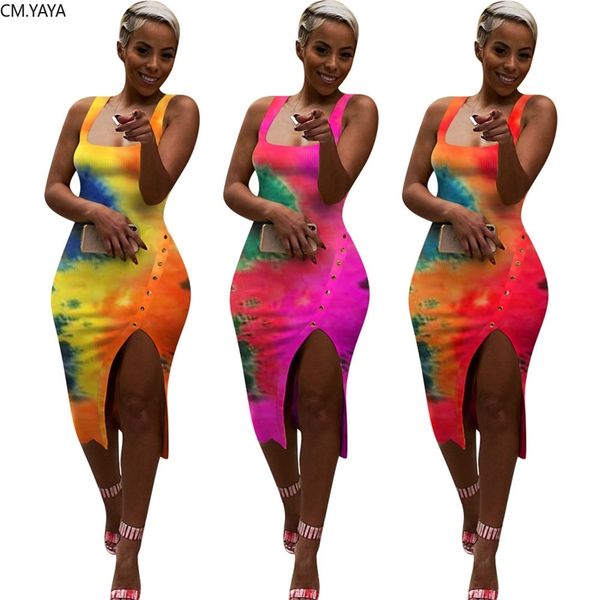 

cm.yaya women tie dye print sleeveless o-neck knitted side split button up bodycon midi knee length pencil tank dress 210331, Black;gray