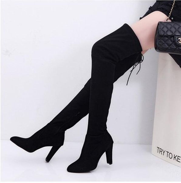 

boots 2021 flock leather women over the knee lace up high heels autumn woman shoes winter size 34-43, Black