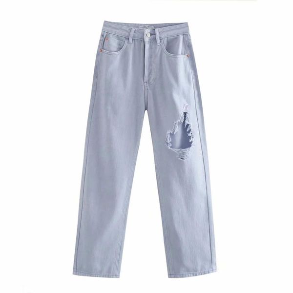 

women's jeans tide woman high waist clothes wide leg denim clothing solid color streetwear vintage nice hole straight pants, Blue