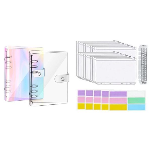 

gift wrap 1 set a6 6-ring rainbow clear pvc binder cover & size 6 holes zipper waterproof cash budget envelopes