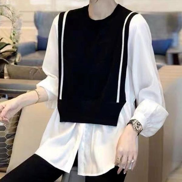 

women's blouses & shirts 2021 autumn striped women blouse knitted patchwork long sleeve lady o-neck vintage stylish pullover white clo