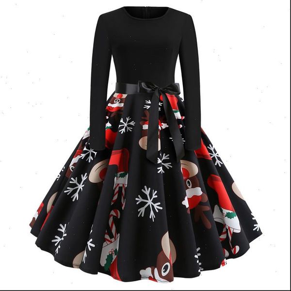 

vintage christmas elegant printed women dresses winter casual midi o neck party swing robe vestidos plus size, Black;gray