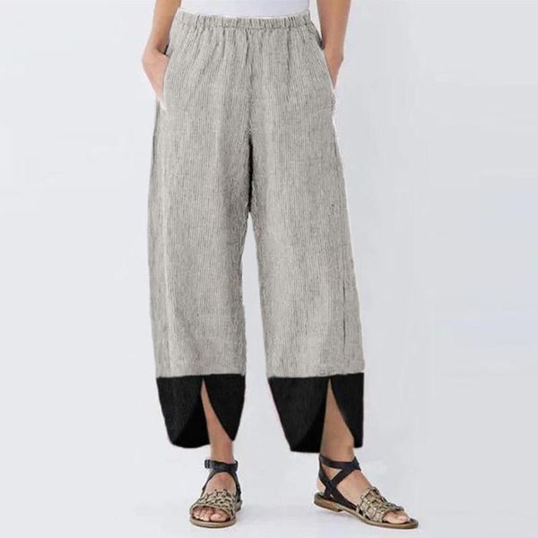 

women's pants & capris patchwork straight female casual cotton linen loose trousers plus size pockets baggy pantalon pour femme, Black;white
