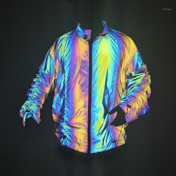 

men's jackets drawstring reflective jacket men/women 2021 stand collar mens and coats night fluorescen windbreaker chaquetas hombre, Black;brown