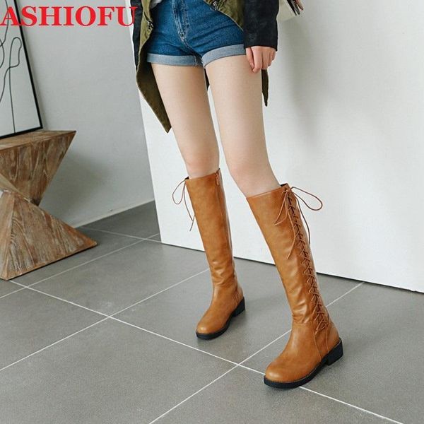 

boots ashiofu handmade ladies blocked heel shinny brown faux-leather knee cross-shoelace party fashion, Black