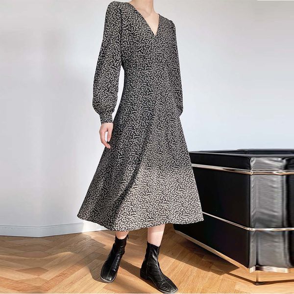 

retro spring summer waist french chiffon casual long dress for ladies v neck sleeve floral printed dresses fashion 210520, Black;gray