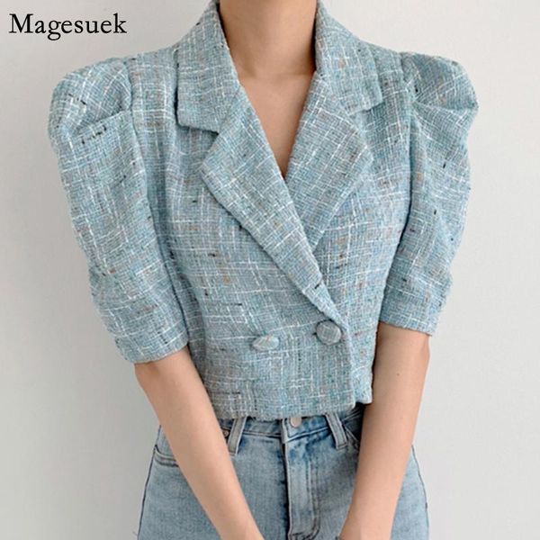 

women's jackets summer autumn vintage woman jacket suit collar puff short sleeve plaid women coats style female 15497, Black;brown