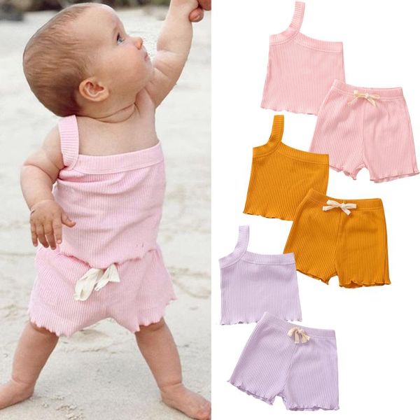 

clothing sets born single strap clothes 2021 summer girls solid cotton shorts outfits 2pcs set bodysuits do bebÃª da menina, White