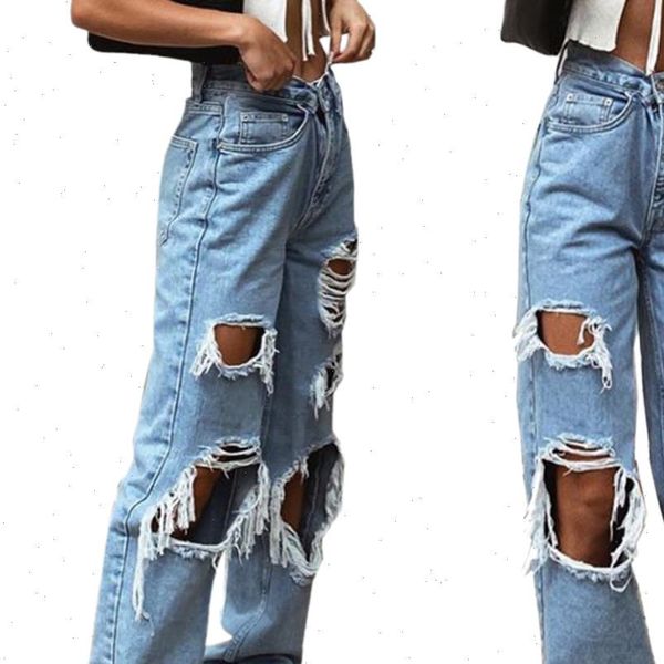 

fashion casual pants big women jean holes long trousers ripped frayed loose denim clothing, Blue