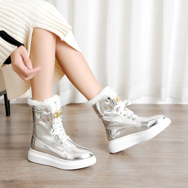

boots 2021 fashion silver leather women's winter ankle women snow female short shoes for woman booties warm fur plush velvet, Black