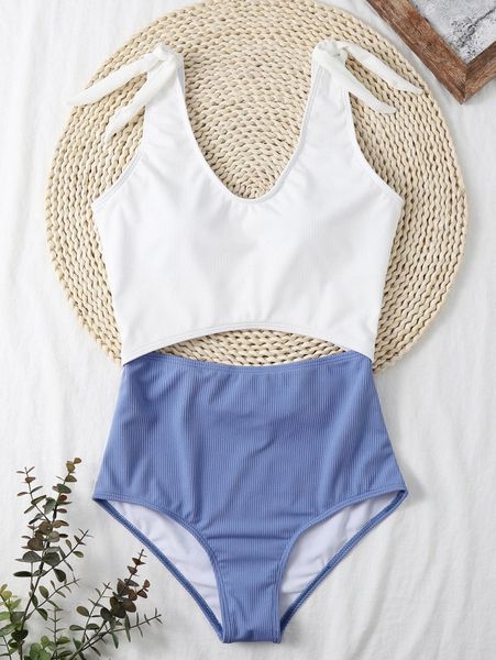 

two tone rib cut-out one piece swimsuit 450d#, White;black