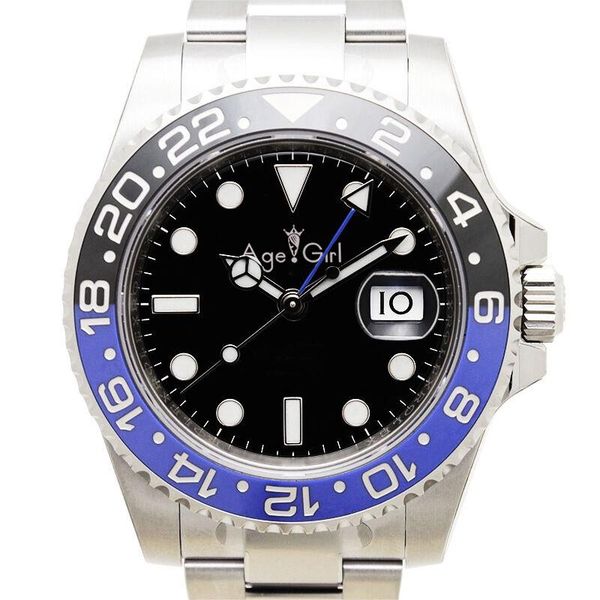 

wristwatches men automatic mechanical watches black blue ceramic bezel gmt stainless steel sapphire glass watch, Slivery;brown