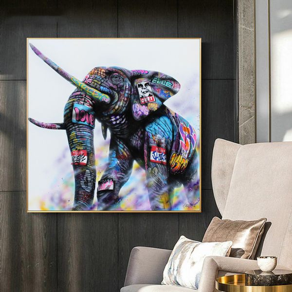 Poster e stampe di dipinti su tela di elefanti astratti Immagini murali di animali colorati per la decorazione del soggiorno