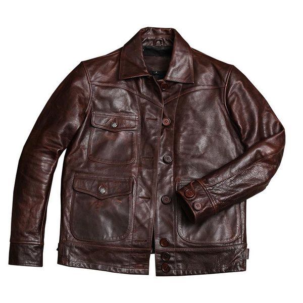 

men's leather & faux 2021 retro dark brown american casual style jacket single breasted large size xxxl genuine cowhide slim fit coat, Black