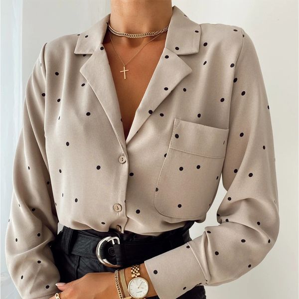 Случайные шифоновые женские рубашки с длинным рукавом в горошек Print Blouse рубашки кнопки женщины верхняя весна осень 210415
