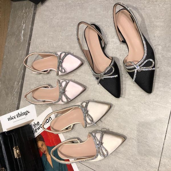 

bow design pointed toe silk ladies sandals slides flat heeled back strap arrivals women sandals 210513, Black