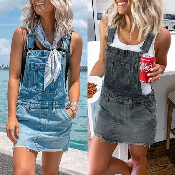 

women summer denim mini dress sundress casual loose overalls beach dresses female adjustable strap plus size bevintage, Black;gray