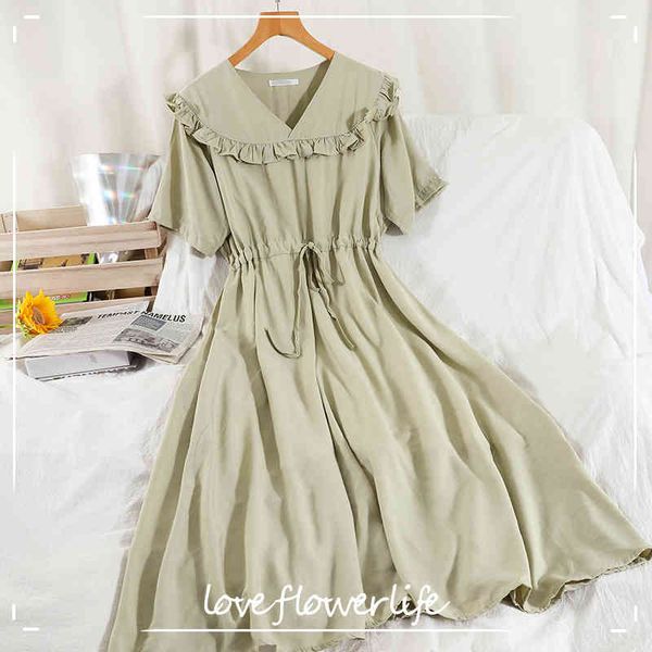 

loveflowerlife summer a line square collar chiffon high waist mid-calf women dresses vintage solid sweet dress 210521, Black;gray