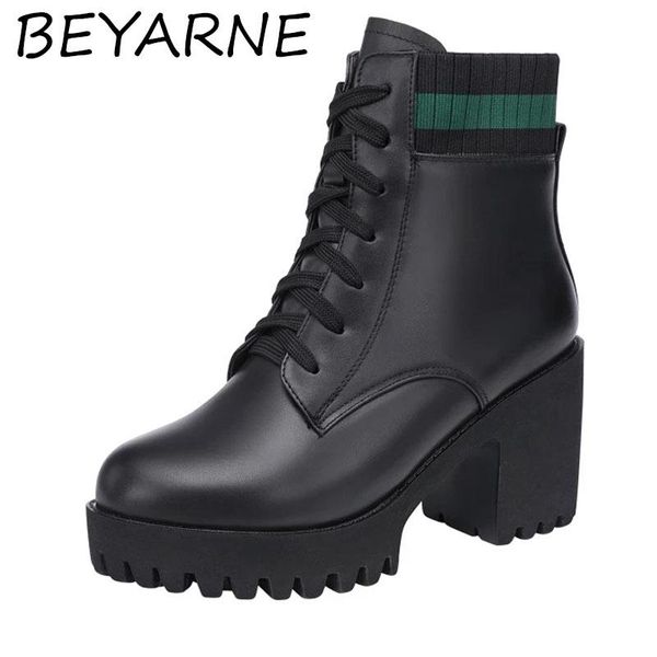 

sandals beyaromen's high-heeled shoes with lace, warm motorcycle shoes, for winter 2021 in leather and ankle leather, plus size, Black