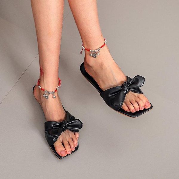 

slippers flat bowknot flip flops woman shoes casual non-slip women's summer footwear large size breathable 2021, Black