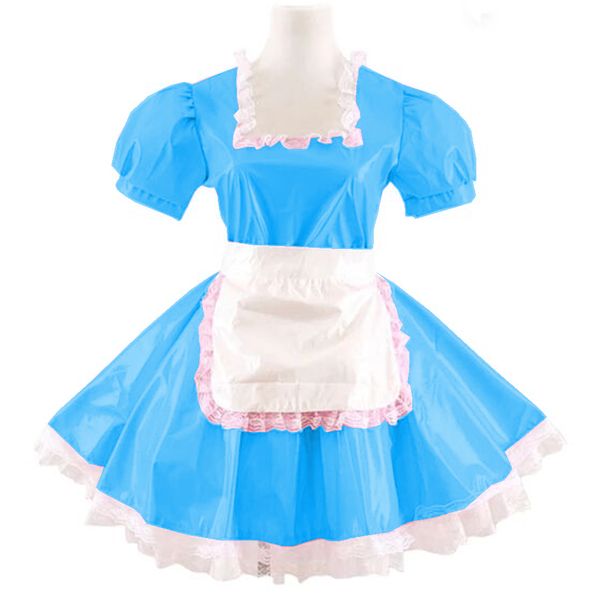 Плюс размер глянцевый PVC Lolita стиль мини платье женщин с коротким рукавом квадратный шеи a-line платье сладкая горничная косплей костюм с фартуком