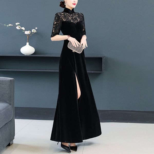 

velvet cheongsam dress lace sleeve oriental dress ladies tang suit slit elegant chinese dresses chinese dress qipao 10137, Red